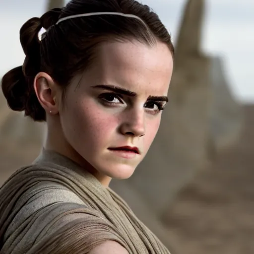 Prompt: Emma Watson modeling as Rey in Star Wars, (EOS 5DS R, ISO100, f/8, 1/125, 84mm, postprocessed, crisp face, facial features, principles of design)