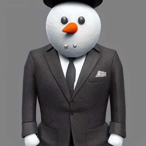 Image similar to a highly detailed humanoid snowman in business suit with black eyes and mouth, no nose, hyperrealism, professional, octane render, digital art