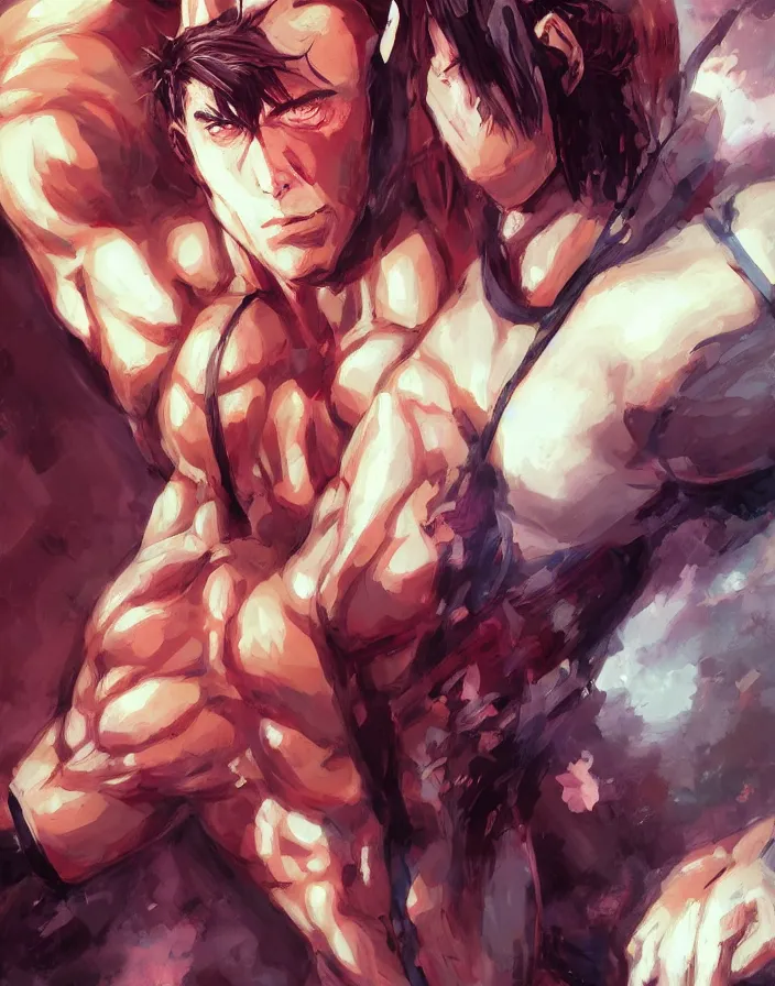 Image similar to anime portrait of nicolas cage as a muscular anime boy by Stanley Artgerm Lau, WLOP, Rossdraws, James Jean, Andrei Riabovitchev, Marc Simonetti, and Sakimichan, trending on artstation