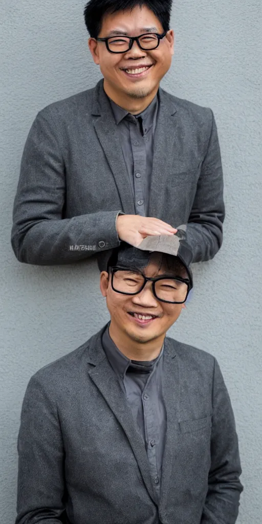 Prompt: portrait of an asian man, with black framed vulk glasses, architect, short haired, deep black eyes, quirky smile, full body shot, 5 5 mm photo