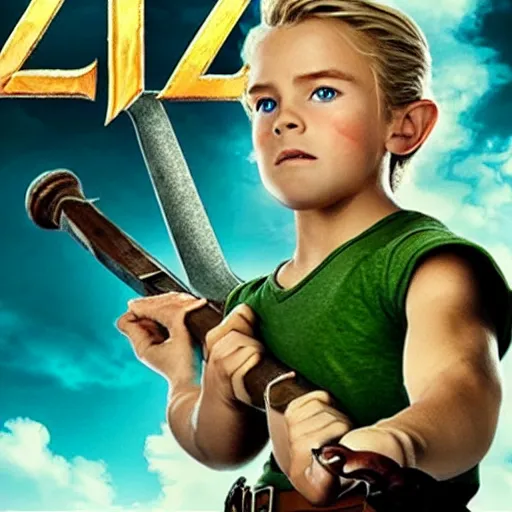 Prompt: cinema poster of a young arnold schwarzenegger holding a sword playing link in the new zelda movie