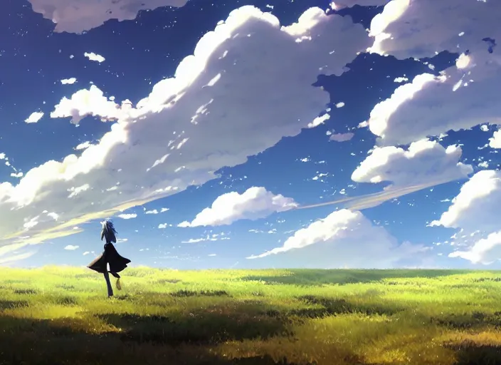 Image similar to chase the wind and touch the sky, anime scenery by Makoto Shinkai