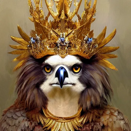 Prompt: a painting of a bird brazilian harpy eagle with a golden crown on her head, decorated, intricate, elegant, highly detailed, digital painting, arststation, concept art, smoth, shap focus, illustration, art by artgerm and greg rutkowski and alphonse mucha, 8 k