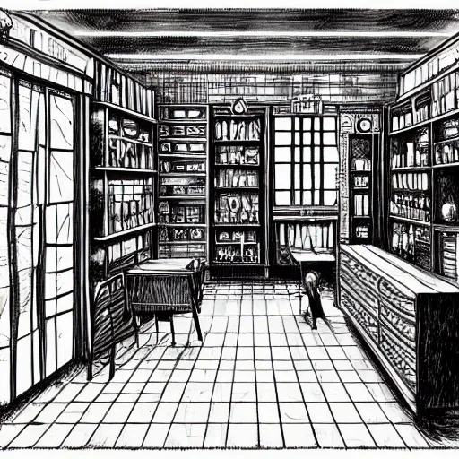 Image similar to dark shop interior illustration in style of mansion of madness by John Pacer