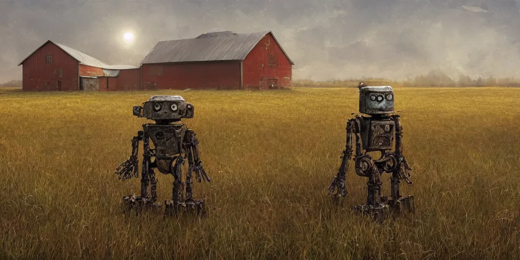 Image similar to a single colossal rusty old robot sad and alone in an empty field in the countryside with a barn on a bright sunny day by mike allred and moebiusand karol bak sharp digital painting. dreaming latent space. matte painting, concept art. artstation. digital render. realistic, 8 k