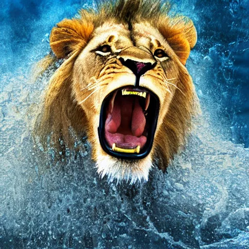 Image similar to a male lion's face breaching through a wall of water, water sprites, splashing, deep blue water color, highly detailed, realistic digital art