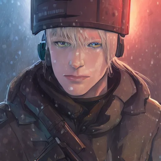 Prompt: portrait of the pale blond MALE soldier Lucius, long curly blond hair, jagged black cyberpunk armor, he is in imperial russian city streets covered in snow, sci fi, night time, ambient lighting, 4k, anime key visual, lois van baarle, ilya kuvshinov, rossdraws, artstation