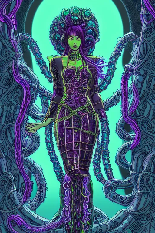 Image similar to Perfectly-centered Hyperdetailed symmetrical cinematic RPG portrait-illustration of a beautiful aetherpunk cyberpunk Medusa in a long neon-noir lovecraftian dress while her hair is made of huge ravepunk snakes. She's standing next to otherworldly towers in a surreal landscape with a cosmic horror blurred background, in the style of an epic sci-fi comic-book cover, 3D rim light, smooth digital art, sharp focus, 8K, masterpiece, Professional post-processing and HDR digital airbrush painting, Gsociety, ArtstationHQ, 3d final render, 3d shading, unreal 5, octane render, psychedelic highlights and overtones, dramatic, dynamic and atmospheric lighting, anamorphic lens.