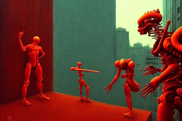 Image similar to only with red, a red cyborg samurai, tokio futuristic in background, some evil yokai fight, in the style of beksinski, parts by edward hopper, parts by rodcenko, parts by yue minjun, intricate and epic composition, red by caravaggio, insanely quality, highly detailed, masterpiece, red light, artstation, 4 k