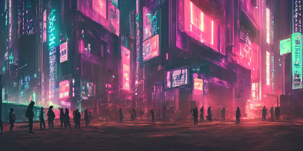 Prompt: a group of people standing outside of a building, cyberpunk art by liam wong, cgsociety, retrofuturism, glowing neon, neon, matte painting