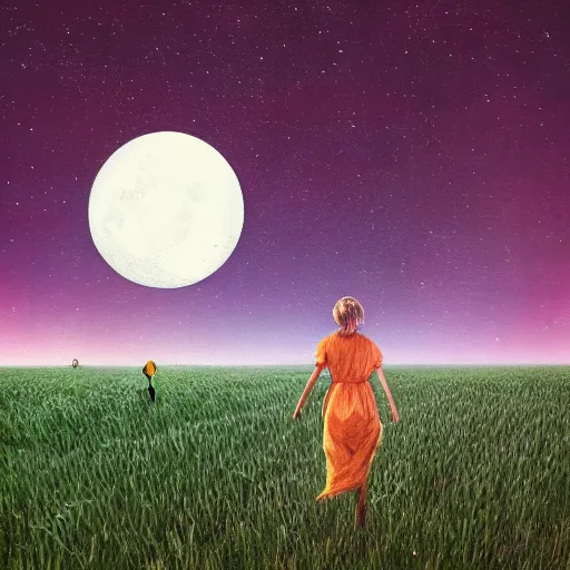 Image similar to giant daisy flowers as a head, girl walking in wheat field, hills, surreal photography, moon light, dark night, star trails, dramatic light, impressionist painting, clouds, digital painting, artstation, simon stalenhag