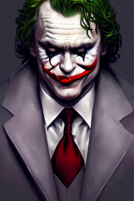 Prompt: vladimir putin as joker, realistic portrait, symmetrical, highly detailed, digital painting, artstation, concept art, smooth, sharp focus, illustration, cinematic lighting, art by artgerm and greg rutkowski and alphonse mucha