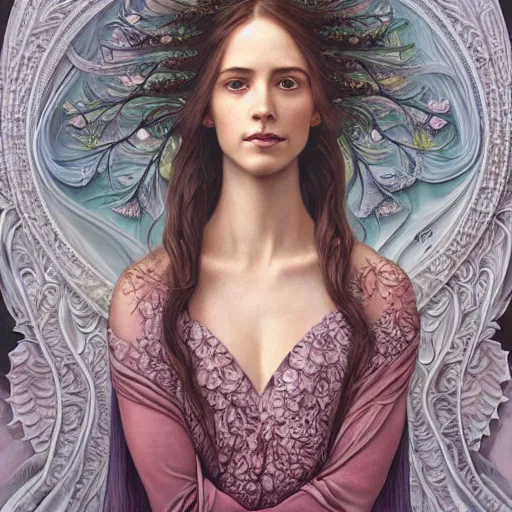 Prompt: facial portrait of a young pretty woman in flowing dress, arrogant, mysterious, long fine flowing hair, delicate, looking at camera, slightly awkward smile, realistic face, hands behind back, intricate, stylish, elegant, grimdark fantasy, flowers, extremely detailed painting by Martine Johanna and Ernst Haeckel and Greg Rutkowski