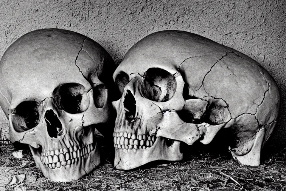 Image similar to archaeologists have unearthed a very large human skull, 1 9 7 0's vintage photo, frosted texture.