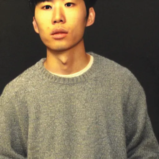 Prompt: A mugshot of a young Asian man, wearing a white baggy sweater, bowl cut hair