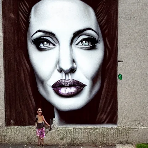 Prompt: Street-art portrait of Angelina Jolie in style of Banksy, photorealism