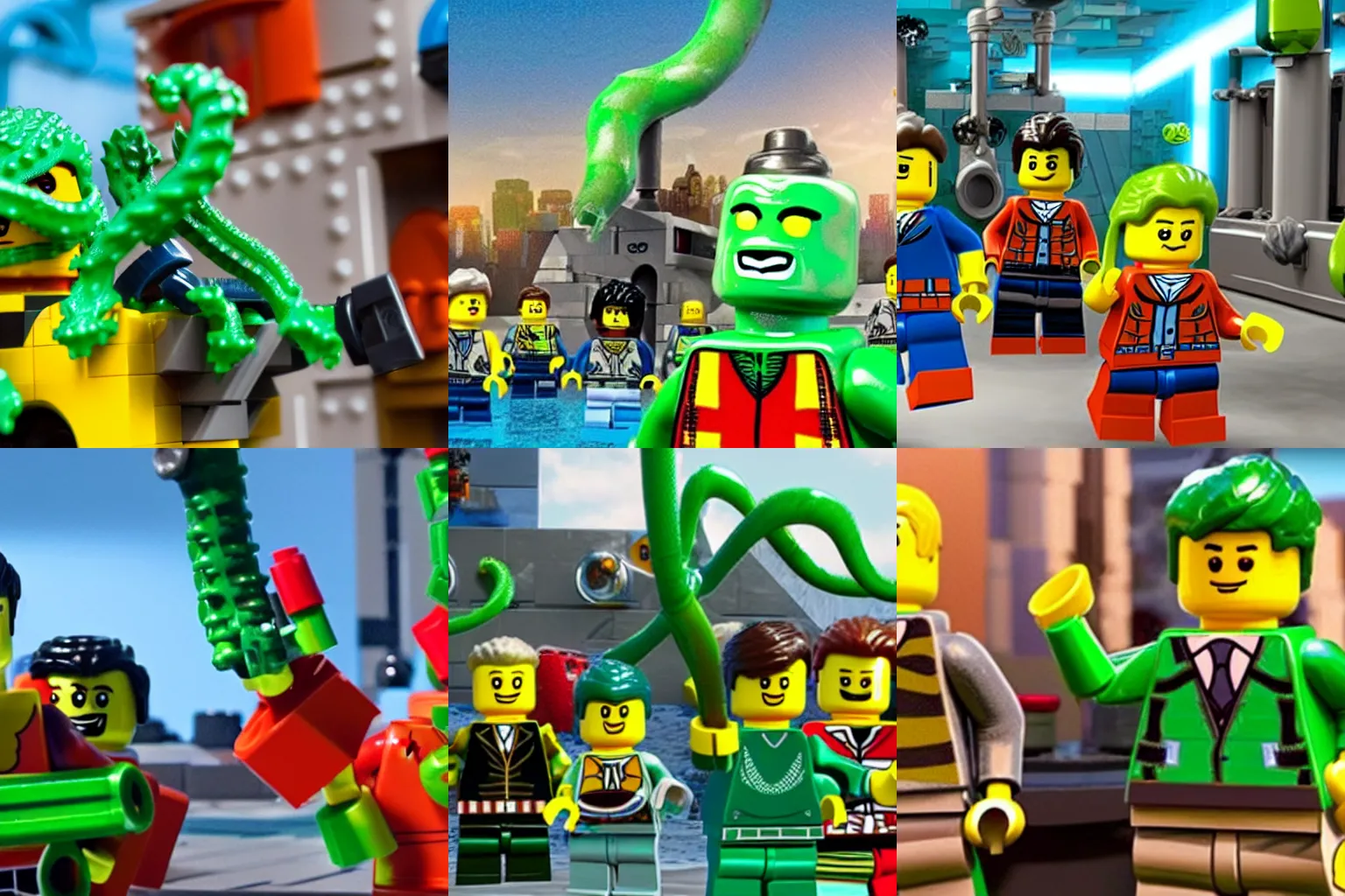 Prompt: a highly detailed still from the LEGO movie (attack of the green tentacles)