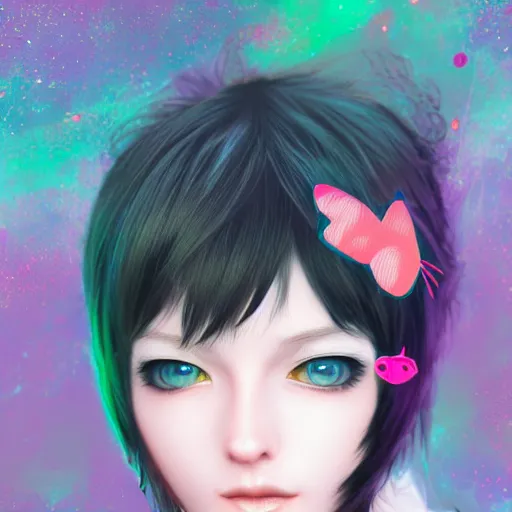 Prompt: catgirl with short hair, digital art, by Yoshitaka Amano, trending on artstation, 4k, highly detailed, psychedelic, cat ears