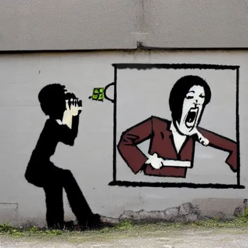 Image similar to a banksy style street art of a physician screaming at a computer