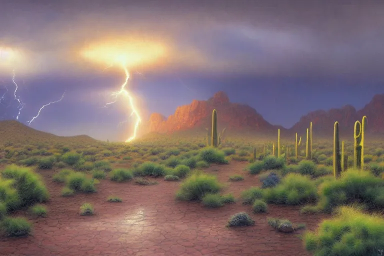Prompt: a rainstorm in the arizona desert, the sonoran desert landscape is full of life, water puddles, lightning bolt in the distance, beautiful cloudy deep blue sky, by georgia o'keeffe and thomas kinkade and quentin mabille and geoffroy thoorens, trending on artstation