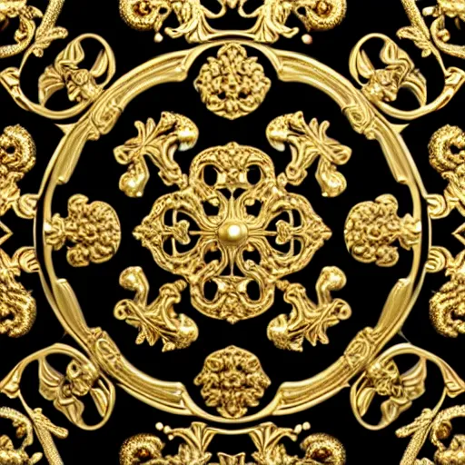 Image similar to seamless 3D baroque gold pattern, Beautiful dynamic shadows , gold and pearls, symmetrical, rococo elements, damask, Artstation, versace pattern, concept design art, Octane render,8K