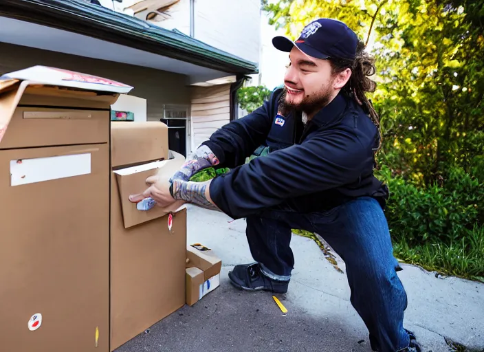 Prompt: dslr photo still of post malone as a postal worker mailman putting letters in mailbox and delivering packages to door, 8 k, 8 5 mm f 1 6