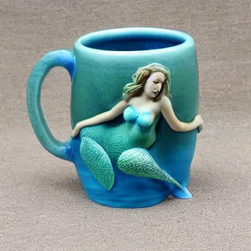 Image similar to a ceramic realistic mermaid sculpture mug, creative, beautiful, award winning design, functional, colorful