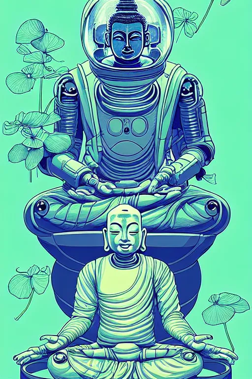 Image similar to a study of cell shaded cyborg robot astronaut buddha meditating in a lotus flower illustration, golden ratio, post grunge portrait, character concept art by josan gonzalez, james jean, Mike Mignola, Laurie Greasley, highly detailed, sharp focus, alien, Artstation, deviantart, artgem