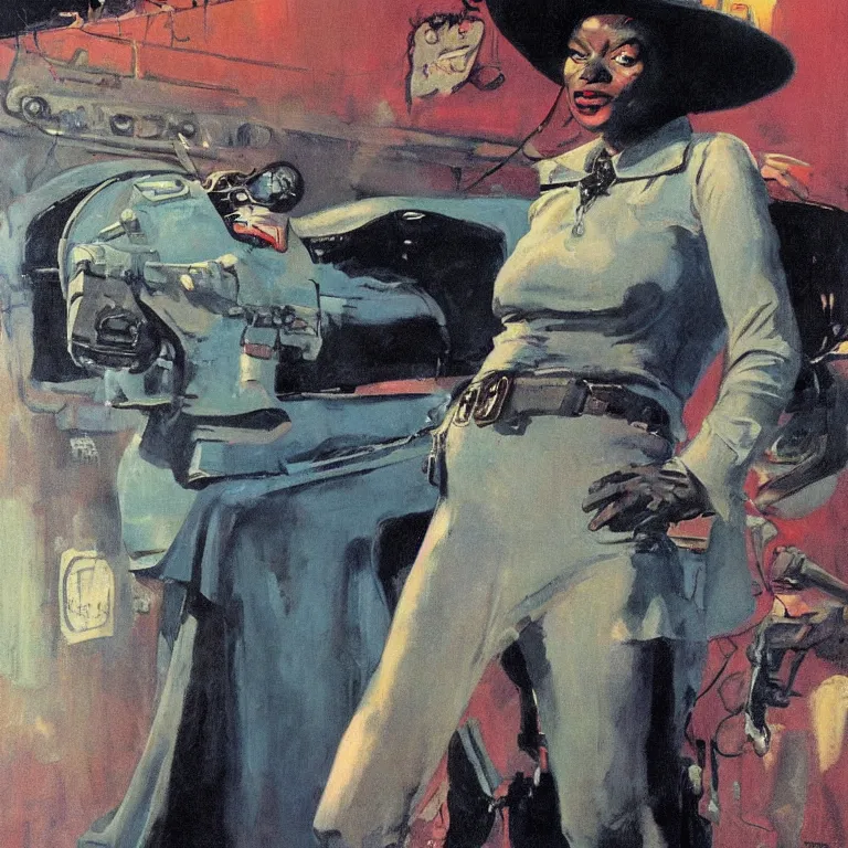 Image similar to scifi portrait of old blues singer by Robert McGinnis, pulp comic style, circa 1958, photorealism