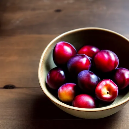 Image similar to photo of a thick porcelain bowl filled with a few moist freshly picked plums on a wooden table. volumetric lighting. 4 k. small scale. realistic.