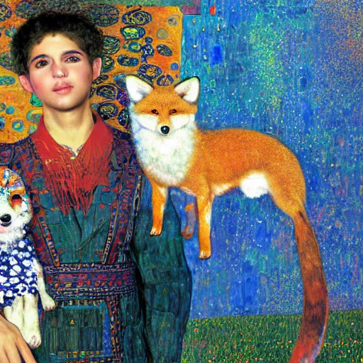 Prompt: painting of vivid colors iraqi boy with his mom and a with a pet fox gustav klimt wallpaper by android jones detailed matte painting 8 k