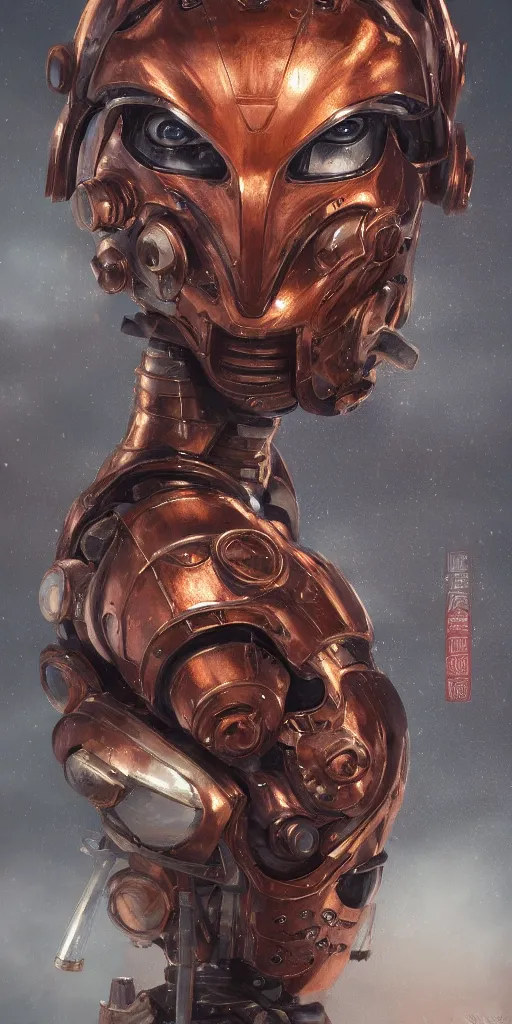 Image similar to a beautiful detailed oil on copper art illustration of a japanese samurai mecha mask woman, centered, by charlie bowater, zeng fanzh, trending on artstation, dim dusk lighting, cinematic lighting, detailed lighting, volumetric lighting, realistic, f 8, 4 k hd wallpaper