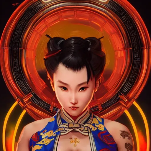 Image similar to Chun Li wearing a qipao, highly detailed, digital painting, artstation, concept art, sharp focus, illustration, cinematic lighting, art by artgerm and greg rutkowski and alphonse mucha