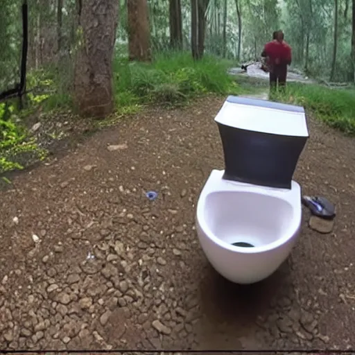 Image similar to cctv footage trail cam of dwayne the rock johnson and floating toilet