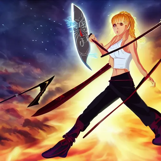 Prompt: a detailed picture of Buffy the Vampire slayer fighting God, 4k, bat'leth, anime style