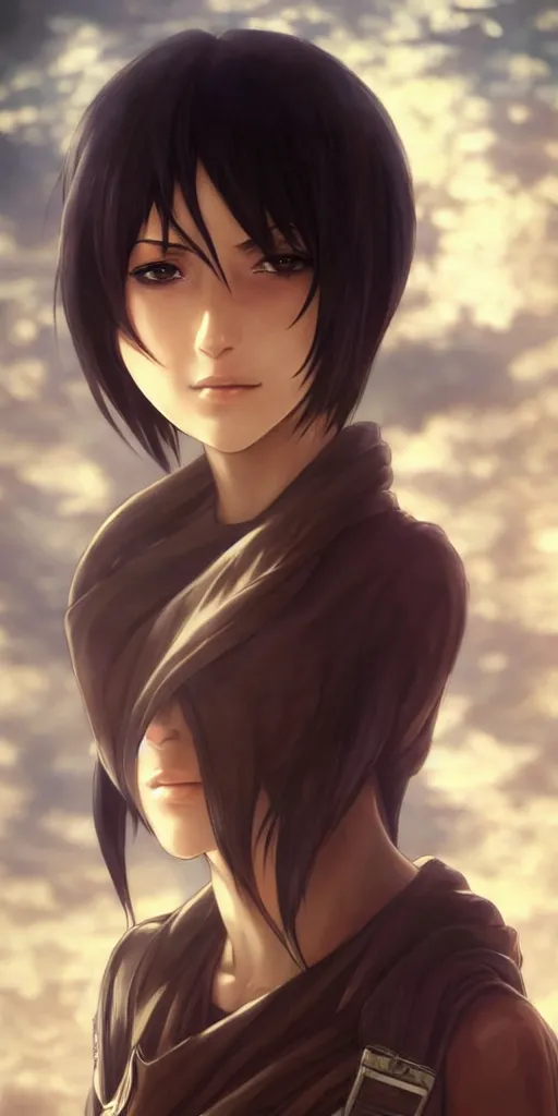 Image similar to mikasa ackerman, hero pose, medium shot, bokeh, beautiful face!!!!, 2 7 years old, cg animation, lifelike, animated, realistic, character select portrait, by artgerm, greg rutkowski, alphonse mucha, 3 d