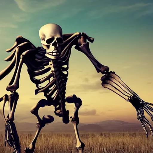 Image similar to a giant skeleton walking swaggerly