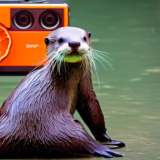 Image similar to otter holding a orange boombox, 4 k, high octane, beautiful