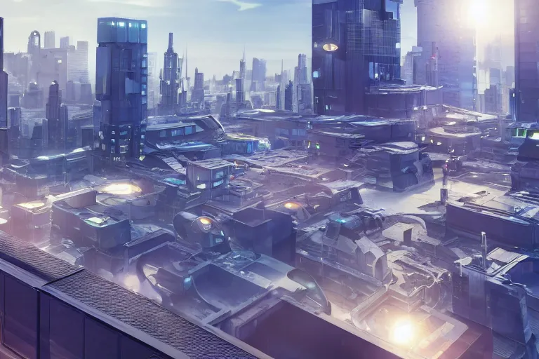 Image similar to rooftop view of a futuristic city highly detailed, photorealistic portrait, bright studio setting, studio lighting, crisp quality and light reflections, unreal engine 5 quality render