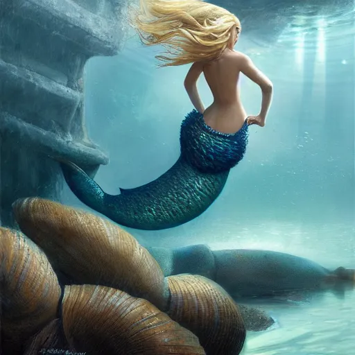 Image similar to High detail painting of a mermaid in a clam underwater fantasy world, full body, long blonde hair, blue eyes, fish tail, digital art, highly detailed, Greg Rutkowski, Chris Moore