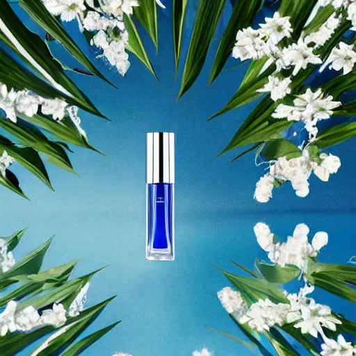 Image similar to centered bright perfume bottle sitting in shallow clear blue rippling water surrounded by a plethora of white flowers and tropical leaves and fauna upfront, with dreamy bright blue sky and clouds in the background, softly - lit, soft - warm, zen, light, modern minimalist f 2 0 clean