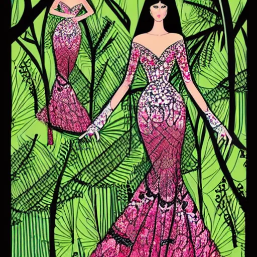 Image similar to zuhair murad gown fashion illustration by eko nugroho, jungle background, fine detail