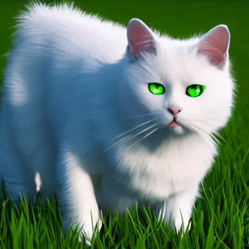 Image similar to a white cat with green eyes standing in a field, unreal engine, detailed