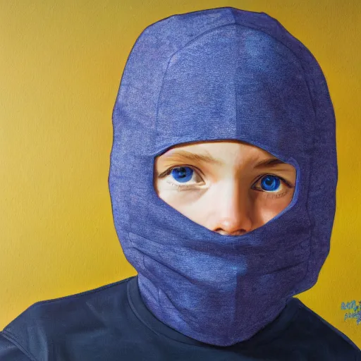 Prompt: a detailed portrait of a boy wearing a balaclava mask, blue eyes, art illustration, incredibly highly detailed and realistic, 8 k, sharp focus