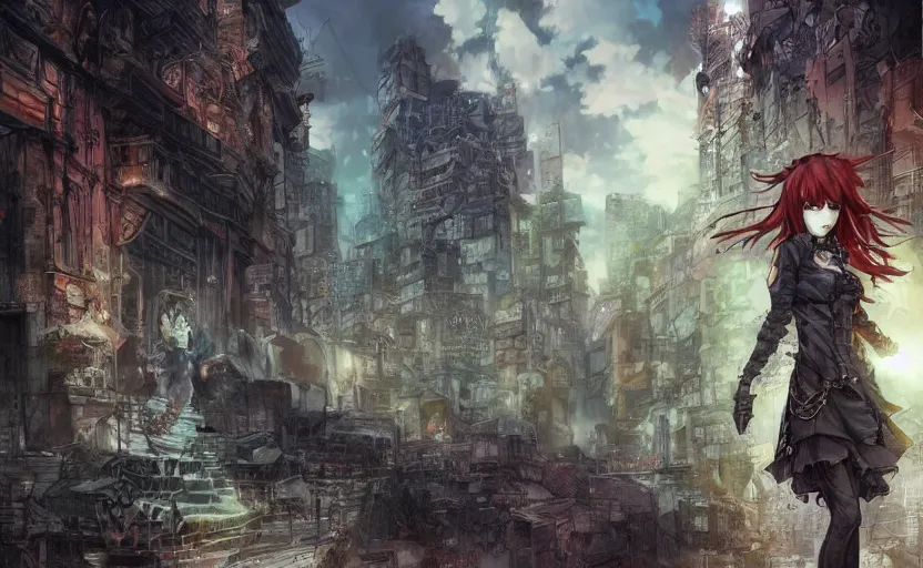 Image similar to goth woman in front of city, color page, tankoban, 4 k, tone mapping, akihiko yoshida, james jean andrei riabovitchev marc simonetti, yoshitaka amano, long hair, curly, h. hydrochaeri