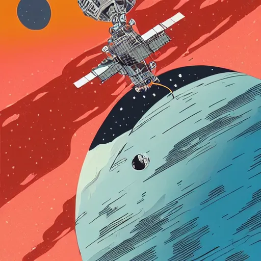 Image similar to very detailed, ilya kuvshinov, mcbess, rutkowski, illustration of a space station orbiting a desert planet