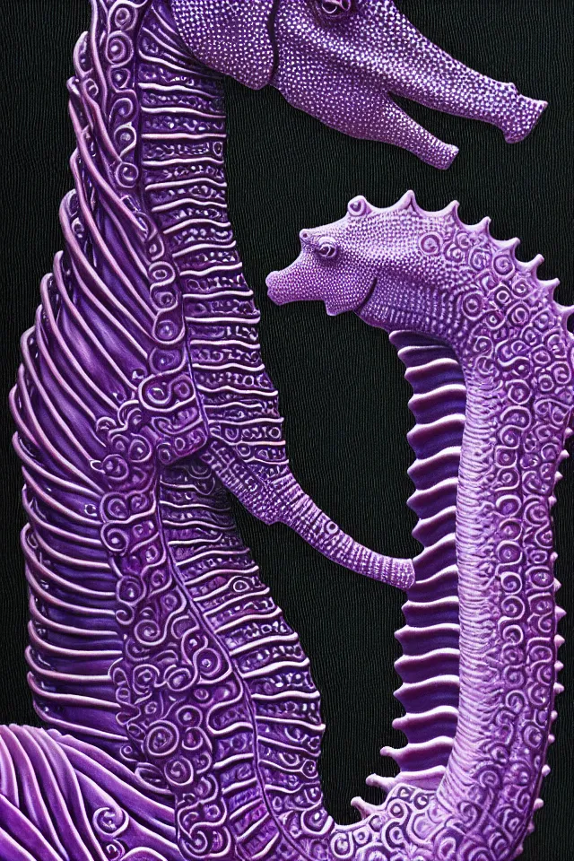 Image similar to a close - up portrait of a purple ornate seahorse statue, black paper, billions of details, beautiful intricate painting by kokaris