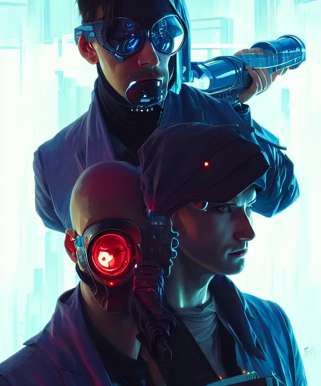 Image similar to Hacker cyberpunk man portrait, highly detailed, digital painting, artstation, concept art, smooth, sharp focus, illustration, art by artgerm and greg rutkowski and alphonse mucha