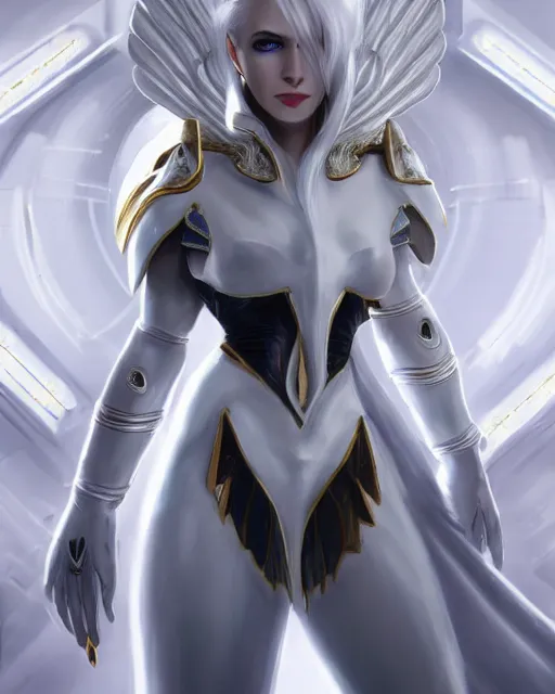 Image similar to perfect white haired attractive egyptian goddess with huge white dove wings, warframe armor, beautiful, symmetric, dreamy, charlize, pretty face, blue eyes, detailed, scifi platform, laboratory, experiment, 4 k, ultra realistic, epic lighting, android body, illuminated, cinematic, masterpiece, art by akihito tsukushi, voidstar
