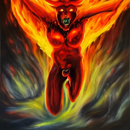 Image similar to fire demon eat human, oil painting